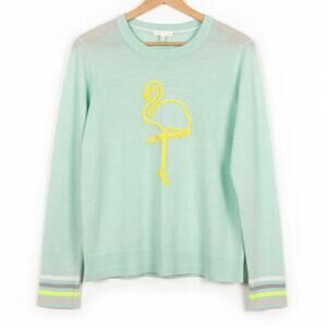 Lisa Todd Women L Linen Coastal Preppy Tropical Resortwear Flamingo Knit Sweater